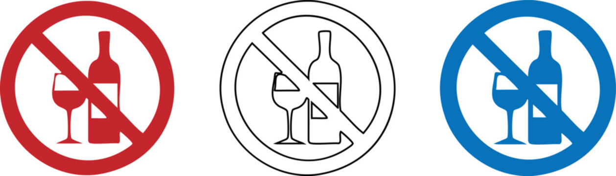 No alcohol signs with wine bottle and glass icons in red black and blue colors