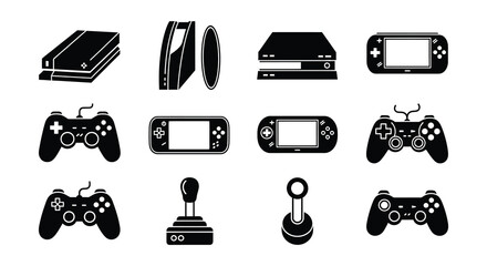 Collection of black and white video game consoles and controllers © MdNirob