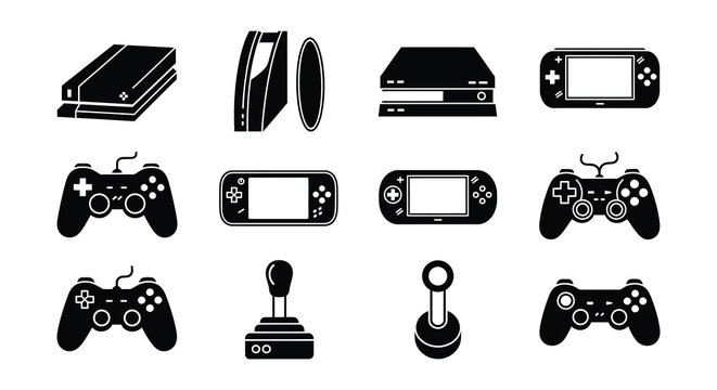 Collection of black and white video game consoles and controllers