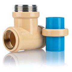 Plumbing fittings, tan & blue pipes with metal threads