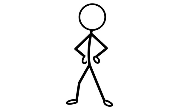Simple stick figure illustration with hands on hips and one hand pointing downwards.