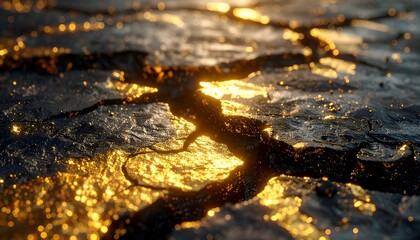 Cracked earth surface, shimmering gold, lit by a warm, unseen light