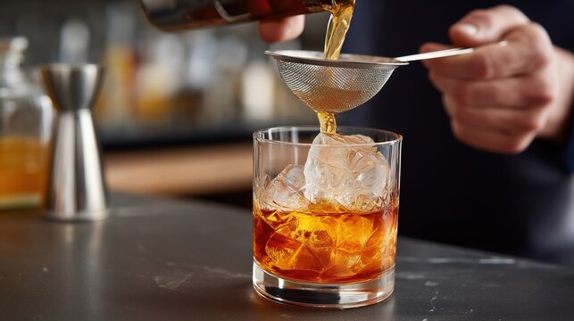 Bartender pouring amber cocktail through strainer into glass with ice on bar counter in warm light. Image represents craftsmanship, premium service, nightlife culture and refined taste
