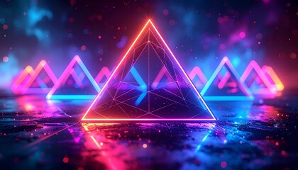 Neon pyramids glow on a dark surface, reflecting light in a futuristic scene