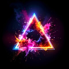 Illuminated neon triangle bursting with colorful smoke on black