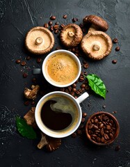 Coffee and mushrooms arranged on a dark, textured surface, top view