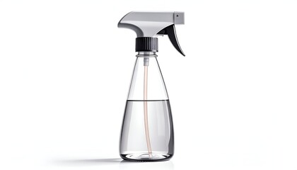 Transparent spray bottle with liquid, isolated on a white background