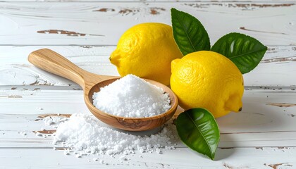 Lemons, salt in wooden spoon, leaves on a white, weathered surface