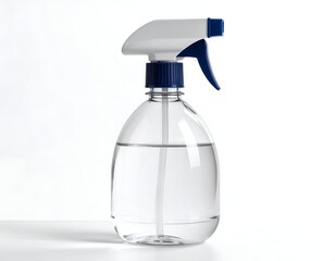 Clear spray bottle with blue and white accents, filled with liquid