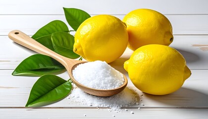 Bright yellow citrus with leaves and a wooden spoon of white powder