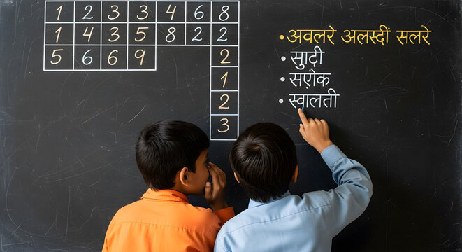 Two Indian schoolboys studying mathematics and language on a cla
