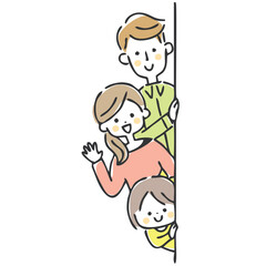 壁から顔を出す家族