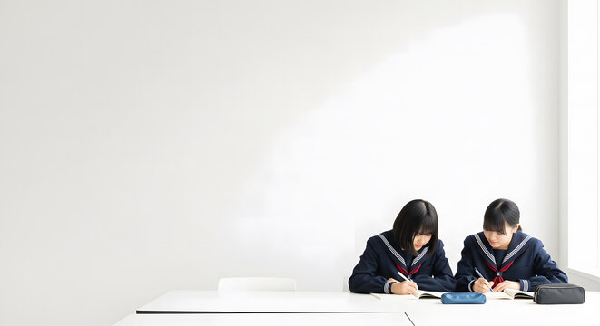 Two Japanese female high school students studying together at a
