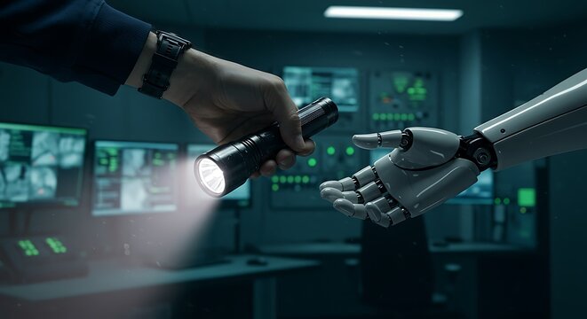 Security guard's hand handing a flashlight to a robotic hand