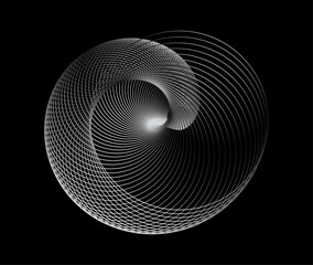 Abstract radial spiral tunnel with geometric halftone lines on black background.