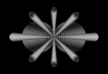 Vector illustration with optical illusion effect, radial symmetry, and 3d perspective of cylinders in a vortex tunnel.