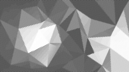 Abstract black and white, geometric polygonal shapes background with diagonal halftone line pattern.