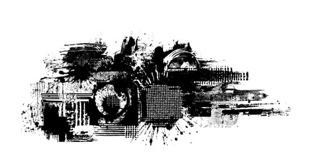 Abstract vector illustration collage with glitch background, distorted grunge textures, digital noise, and halftone dot patterns.