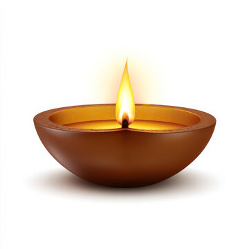 Soft 3D clay diya with bright flame for Karthigai Deepam, isolated on white background, smooth rounded bowl, warm golden light, calm devotional atmosphere