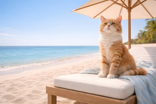 Vacation cat enjoying a calm summer day while sitting on a beach sunbed by the ocean