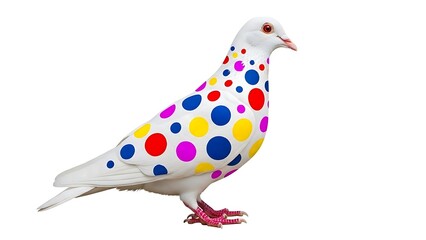 Obraz premium White pigeon with colorful polka dots standing on pink feet against white background