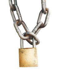 old worn lock hanging on a massive chain is isolated on a transparent  background