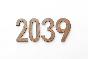 The Year 2039 in Dignified Wooden Numbers Displayed on a Bright White Background for Future Concepts