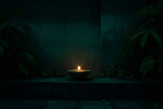 Quiet temple backyard with a single oil lamp glowing in darkness, minimal spiritual composition, symbolic cultural imagery