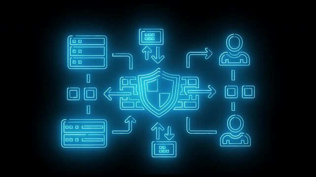 Neon-lit blue flowchart with icons and shield symbol on a black background, conveying cybersecurity concepts.