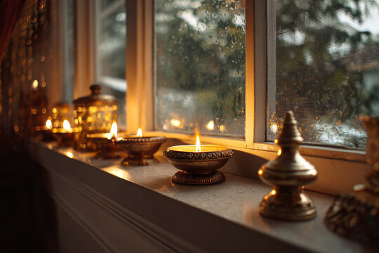 Calm interior scene with oil lamps placed along window sill for Karthigai Deepam, soft night light, peaceful home atmosphere, minimal lifestyle photography, cultural tradition