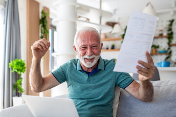 Fototapeta na wymiar Happy senior man cheering while holding utility bill and using laptop. Excited elderly male celebrating low costs or paid debt at home. Financial success, saving money and energy bill concept image.