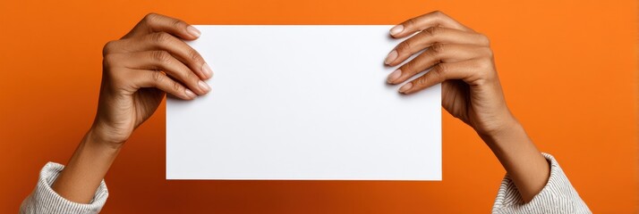 Female hands holding blank white paper on vibrant orange background