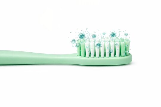 Close-up of toothbrush with bacteria and microbes splashing on bristles