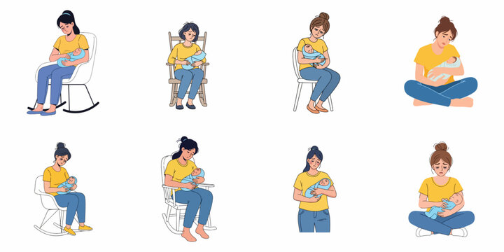 Set of vector illustrations showing a tired, sad mother holding her sleeping newborn baby, depicting postpartum depression, exhaustion, and parental stress.