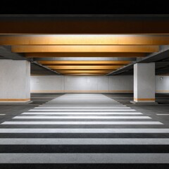 Naklejka premium Empty underground parking lot with striped path and illuminated ceiling beams