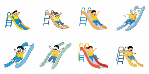 Set of eight cartoon boys sliding down colorful playground slides, depicting joyful children playing outdoors and having fun. © Muqodimatul