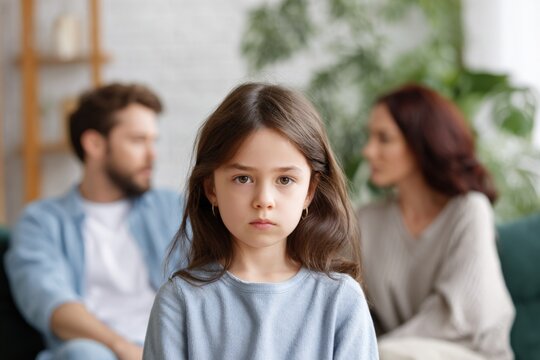 Young caucasian girl in focus with blurred parents arguing in background