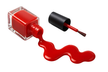 Naklejka premium Red Nail Polish Bottle With Brush and Liquid Spill Isolated on Transparent Background