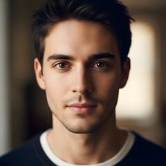 Obraz premium Pensive young man with dark messy hair and light stubble looking at camera with serious expression in moody indoor setting with soft lighting and blurred architectural background