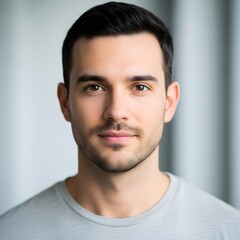 Obraz premium A headshot of a handsome young man with short dark hair and a light beard, looking directly at the camera with a pleasant smile