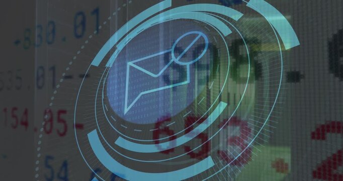 Animation of message block icon on round scanner, stock market data processing against server room