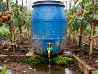 Obraz premium A blue plastic barrel for rain harvesting stands between rows of tomato plants with water pouring from its tap into a puddle.