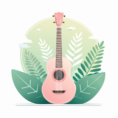 Vibrant pink ukulele surrounded by lush green tropical leaves and foliage