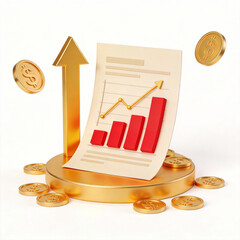 Golden arrow and coins surrounding a financial chart showing growth on a pedestal