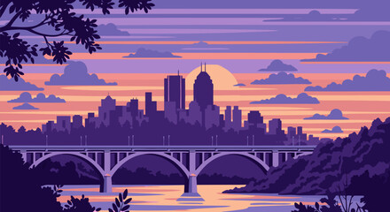 Fototapeta premium Pixel art vector illustration of a city skyline at sunset with a bridge over the river