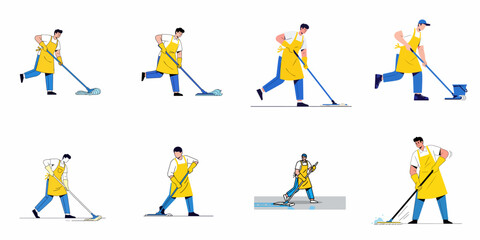 Fototapeta premium Vector collection of male janitor character illustrations performing floor cleaning duties with a mop and bucket on a white background.