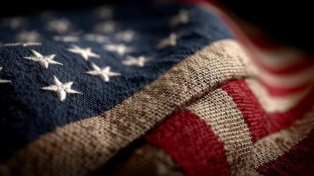 Detailed macro view of the american flag the intricate texture and stitching of the fabric. the focus on stars and stripes symbolizes patriotism, making it ideal for national celebrations and historic