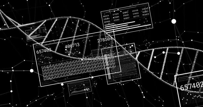 Light DNA helix emerging left undulating while UI panels updating values, visualizing genomic data