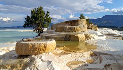 Travertine terraces, reflecting pools, and distant mountains under a blue sky