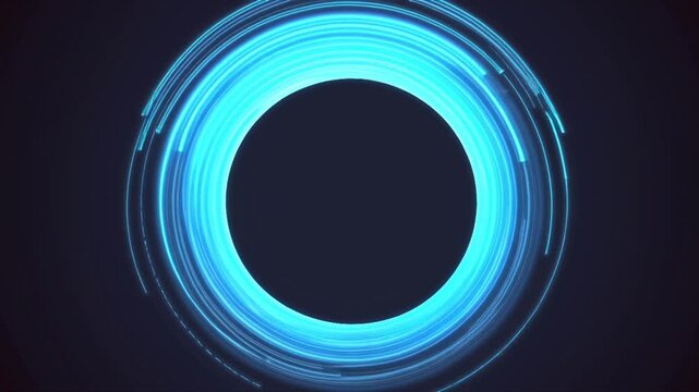 Cinematic 4K abstract sci-fi animation, perfectly matte black sphere slowly passing front glowing neon blue circular ring luminous eclipse effect, cyan halo light wrapping sphere edges flowing data